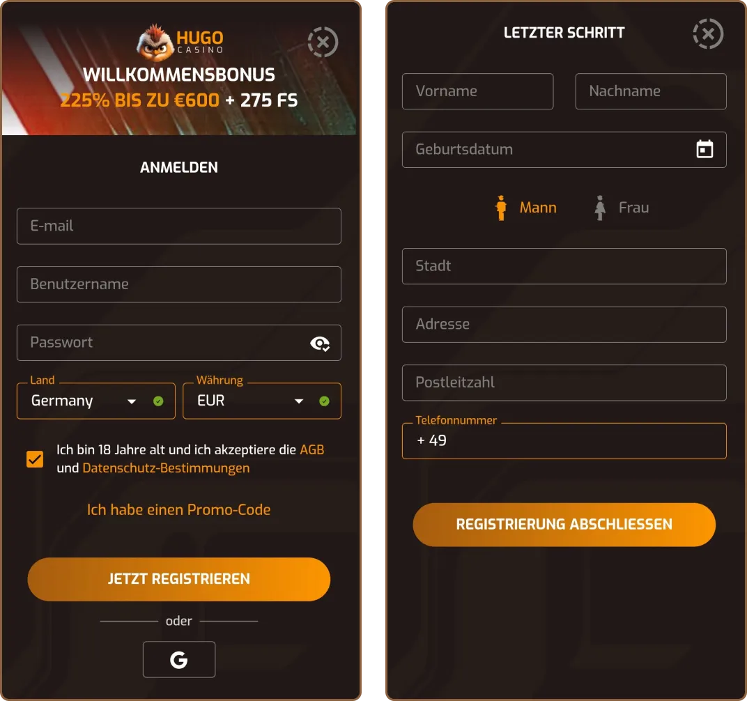 Hugo Casino Anmeldeseite