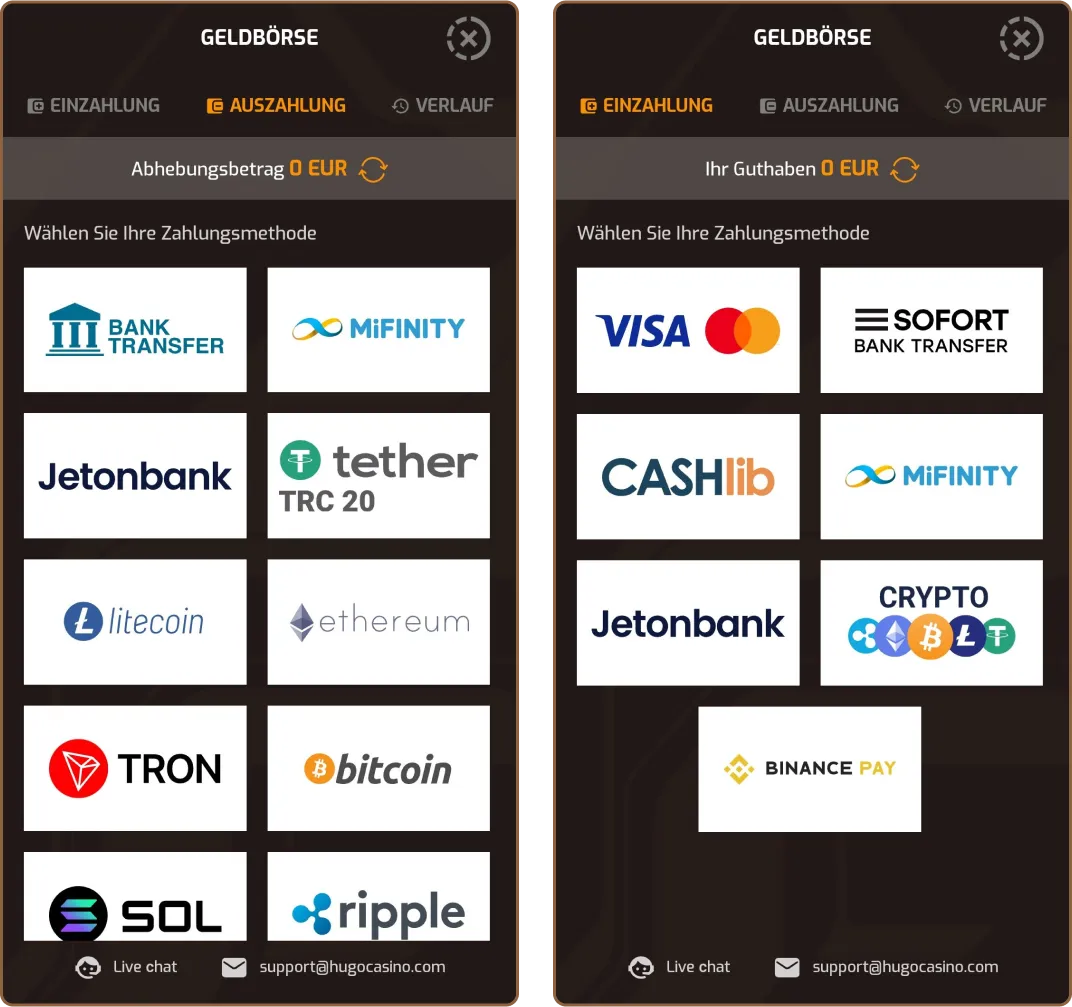 Bankmethoden bei Hugo Casino