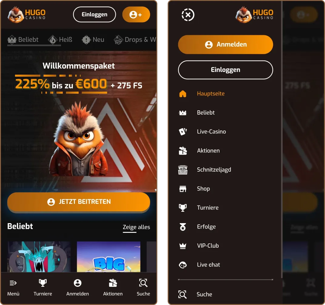 Hugo Casino Hauptseite Design