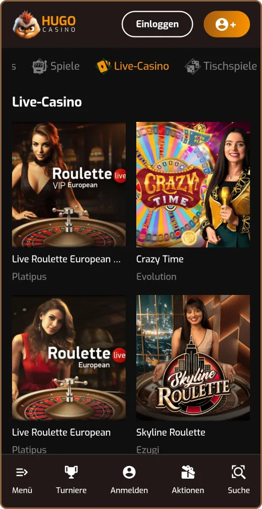 Hugo Live Casino Bereich