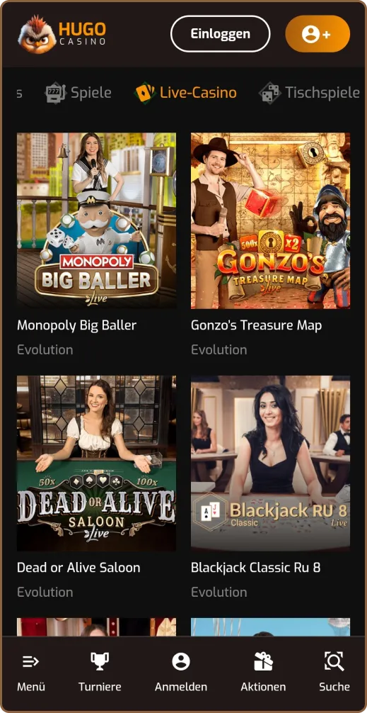 Hugo Live Casino Spiele Auswahl